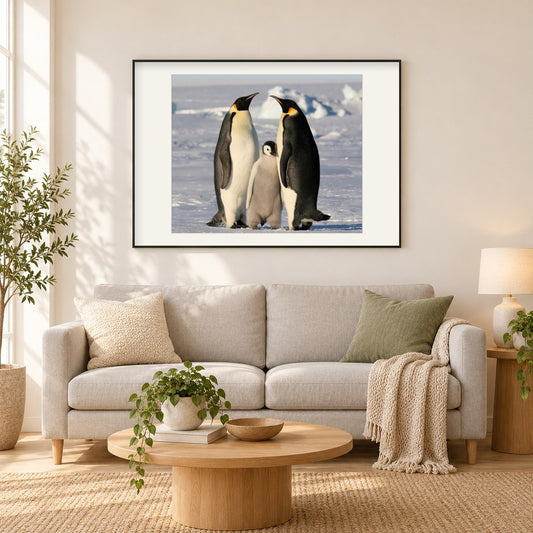 Pinguin Familie als gerahmtes Diamond Painting im Wohnzimmer