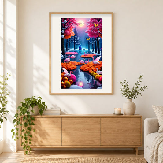 Rosa Flamingos im Schein des Mondes als gerahmtes Diamond Painting im Wohnzimmer