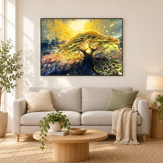 Punkt-Lobos-Zypresse - Kunst des Jean Guillet als gerahmtes Diamond Painting im Wohnzimmer