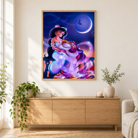 Prinzessin Jasmin mit einem Löwen als gerahmtes Diamond Painting im Wohnzimmer