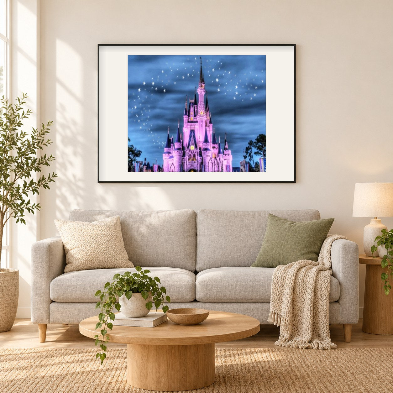 Prinzessin Schloss als gerahmtes Diamond Painting im Wohnzimmer