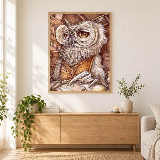 Professor Eule als gerahmtes Diamond Painting im Wohnzimmer