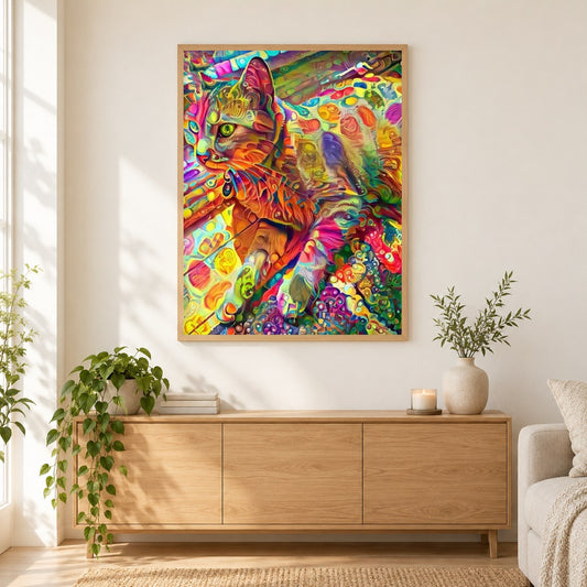 psychedelische Katze - Diamant Art Kit als gerahmtes Diamond Painting im Wohnzimmer