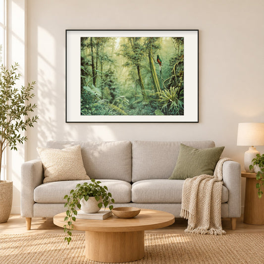 Quetzal - Kunst des Eric Wilson als gerahmtes Diamond Painting im Wohnzimmer