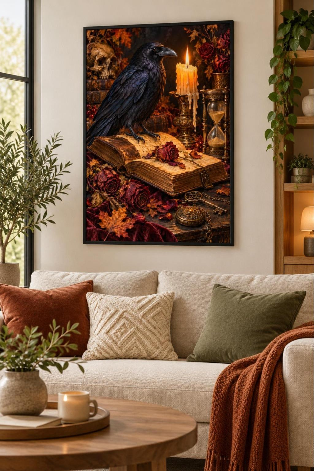 Rabe auf altem Zauberbuch Diamond Painting als gerahmtes Diamond Painting im Wohnzimmer