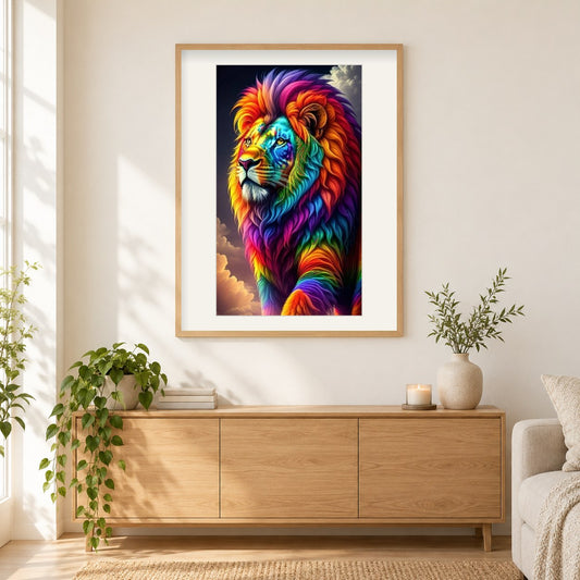 Strahlende Präsenz des Neonlöwen als gerahmtes Diamond Painting im Wohnzimmer
