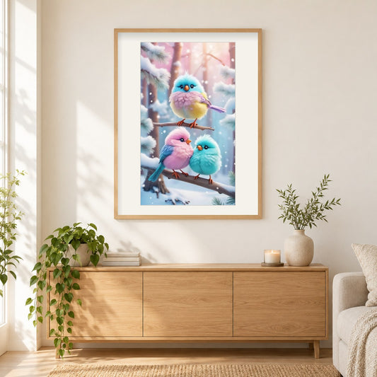 Regenbogen Singvögel Fröhliches Zwitschern als gerahmtes Diamond Painting im Wohnzimmer