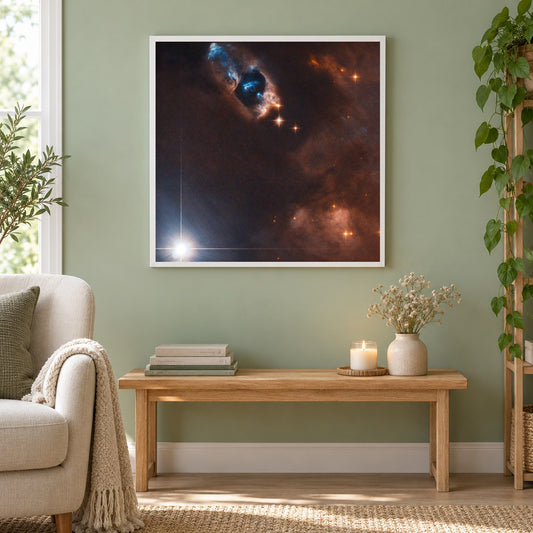 Rauchpistole eines neugeborenen Sterns als gerahmtes Diamond Painting im Wohnzimmer