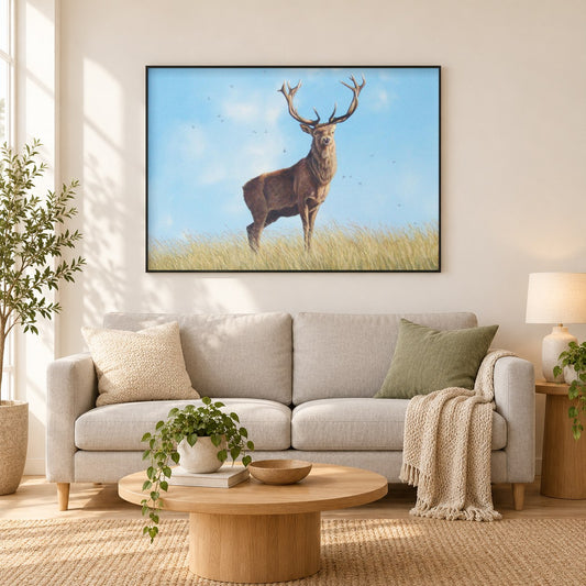 Rotwild - Kunst des Eric Wilson als gerahmtes Diamond Painting im Wohnzimmer