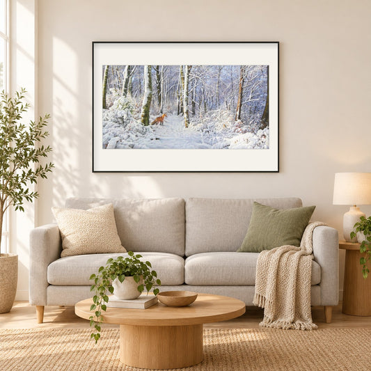 Rotfuchs und Rotkehlchen - Kunst des Eric Wilson als gerahmtes Diamond Painting im Wohnzimmer