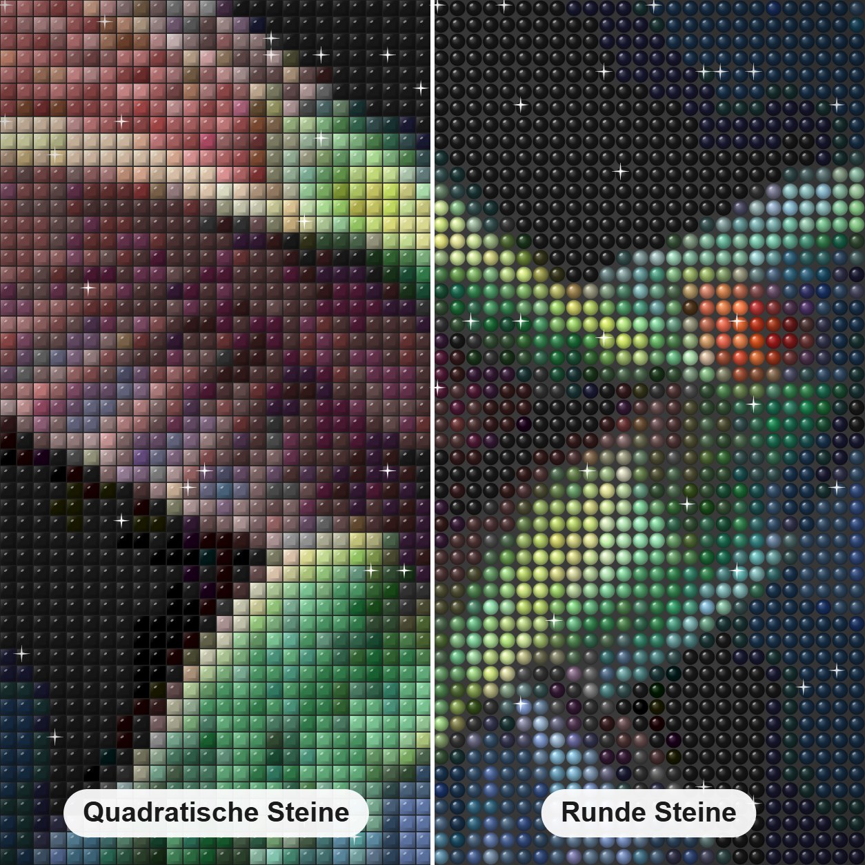 Regenbogen Kolibri Diamond Painting Nahaufnahme mit quadratischen und runden Steinen