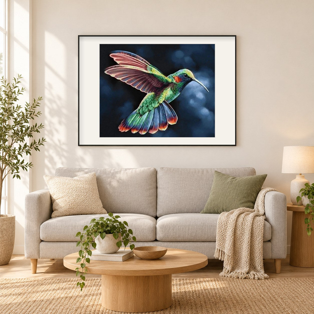 Regenbogen Kolibri als gerahmtes Diamond Painting im Wohnzimmer