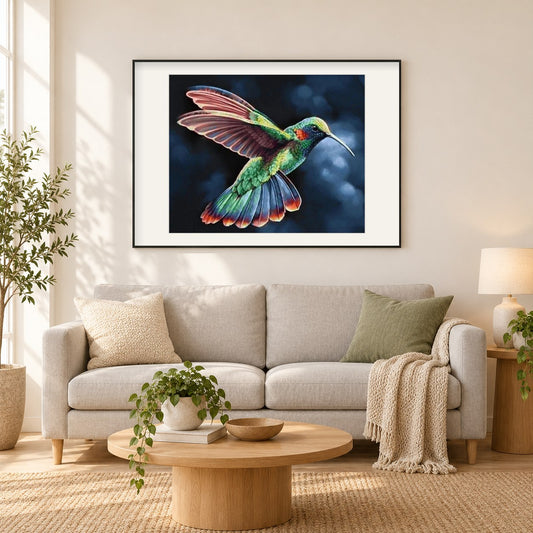 Regenbogen Kolibri als gerahmtes Diamond Painting im Wohnzimmer