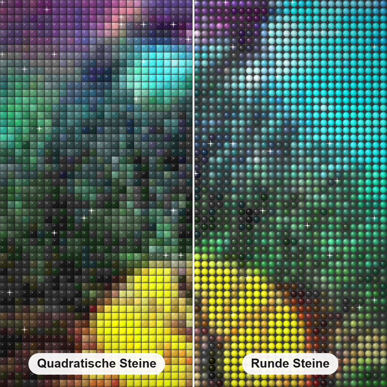 Regenbogen Nachthimmel Diamond Painting Nahaufnahme mit quadratischen und runden Steinen