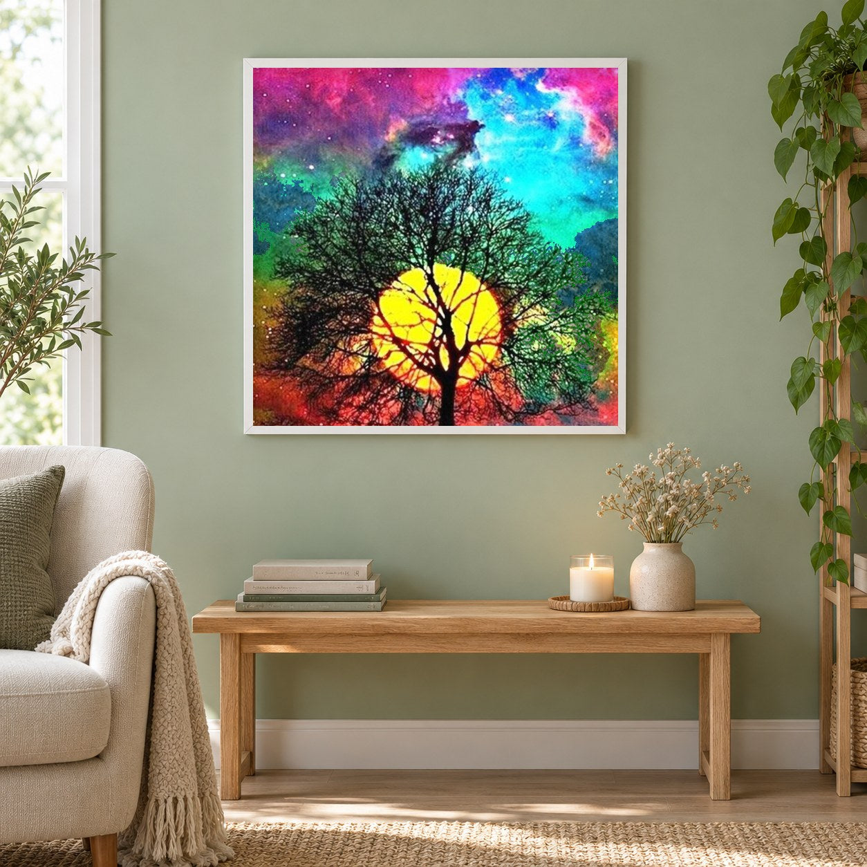 Regenbogen Nachthimmel als gerahmtes Diamond Painting im Wohnzimmer