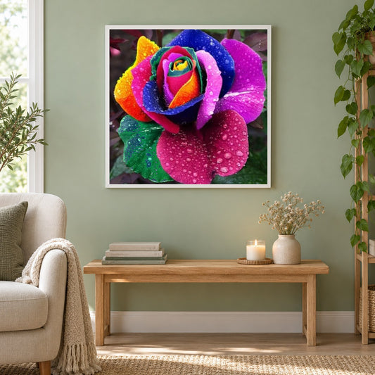 Regenbogenblume als gerahmtes Diamond Painting im Wohnzimmer