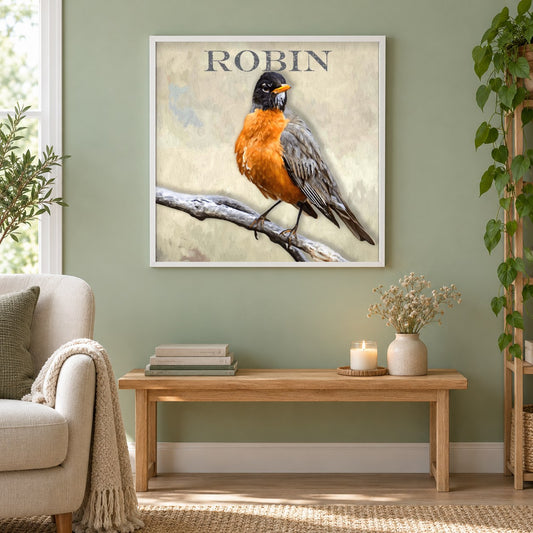Robin - Kunst des Denise Dundon als gerahmtes Diamond Painting im Wohnzimmer