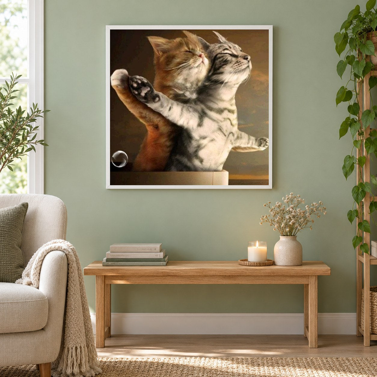 Romantisches Katzenpaar als gerahmtes Diamond Painting im Wohnzimmer