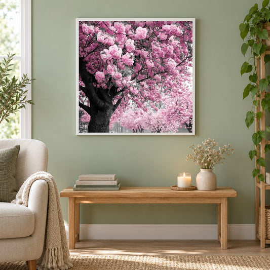 Rosa Baum als gerahmtes Diamond Painting im Wohnzimmer
