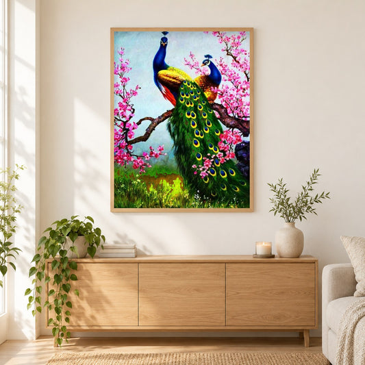Rosa Blumen und Pfauenpaar als gerahmtes Diamond Painting im Wohnzimmer