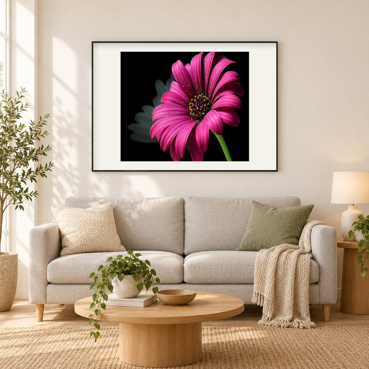 Rosa Gänseblümch als gerahmtes Diamond Painting im Wohnzimmer