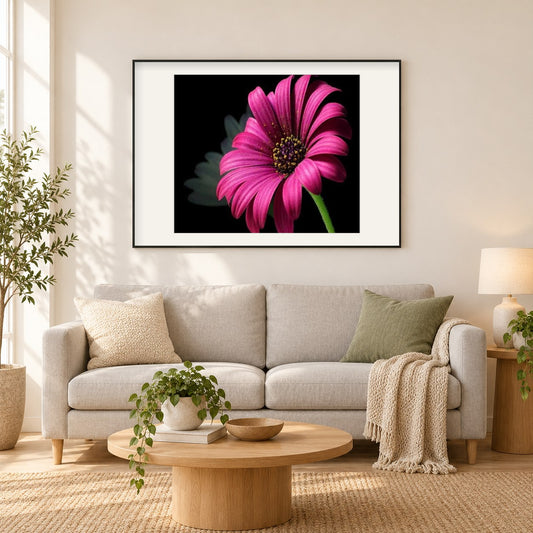 Rosa Gänseblümch als gerahmtes Diamond Painting im Wohnzimmer