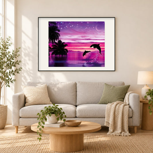 Rosa Himmel & Delfine Paar als gerahmtes Diamond Painting im Wohnzimmer