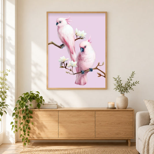 Rosa Kakaduspaar. als gerahmtes Diamond Painting im Wohnzimmer