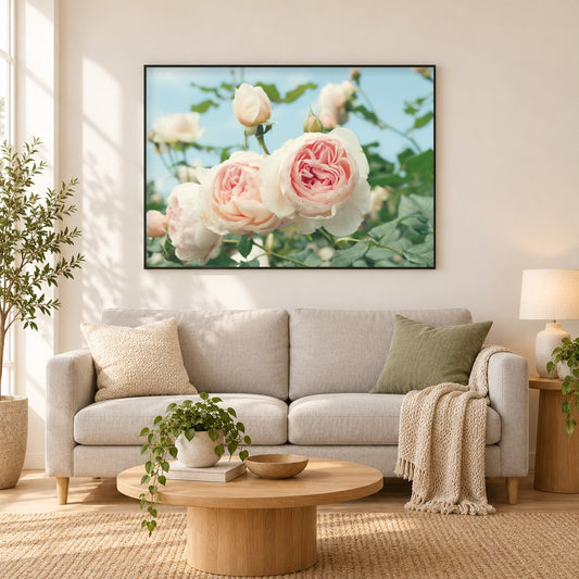 Rosa Rosengarten als gerahmtes Diamond Painting im Wohnzimmer