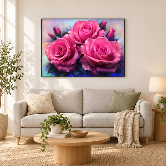 Rosa Rosenschönheit als gerahmtes Diamond Painting im Wohnzimmer