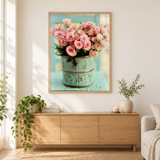 Rosa Rosenstrauß als gerahmtes Diamond Painting im Wohnzimmer