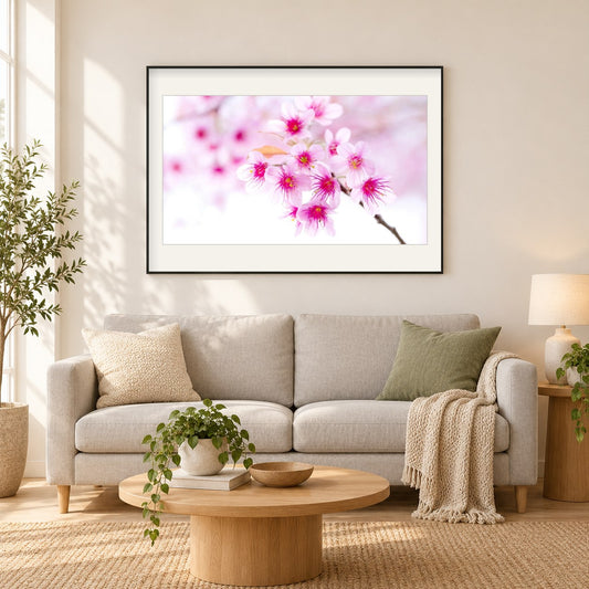 Rosa Sakura-Blumen als gerahmtes Diamond Painting im Wohnzimmer