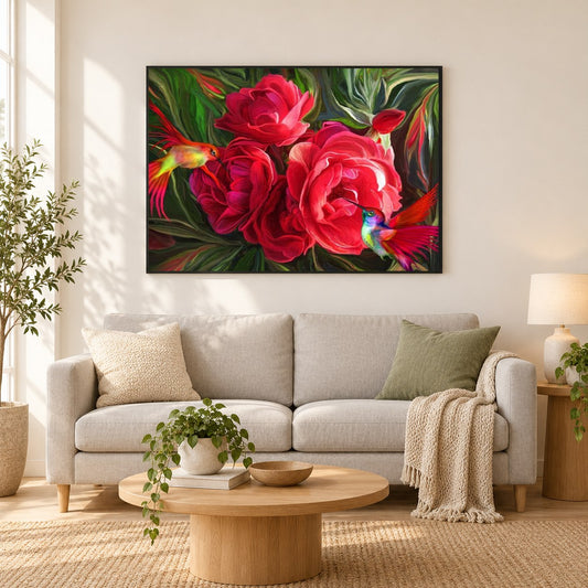 Rote Rosen & Kolibris als gerahmtes Diamond Painting im Wohnzimmer