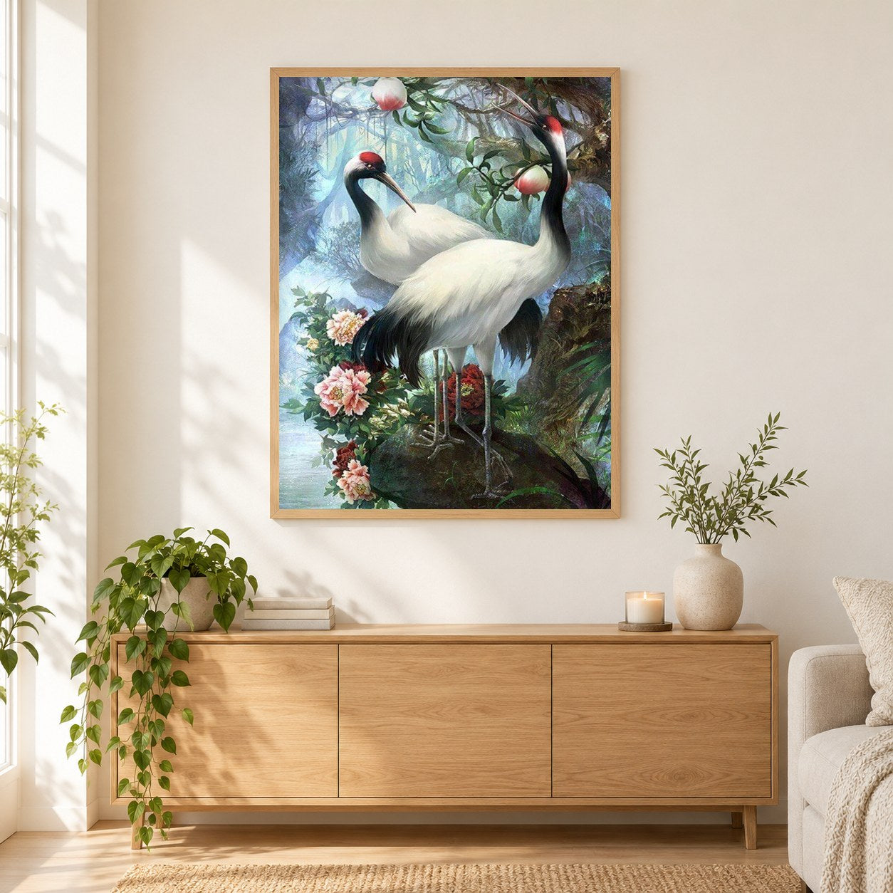 Roter gekrönter Kranich als gerahmtes Diamond Painting im Wohnzimmer