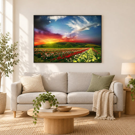 Roter Himmel & Blumenbeete als gerahmtes Diamond Painting im Wohnzimmer