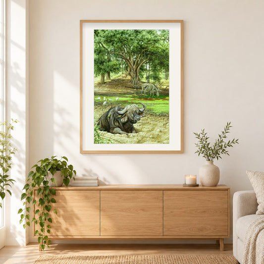 Ruckomechi-Büffel - Kunst des Eric Wilson als gerahmtes Diamond Painting im Wohnzimmer