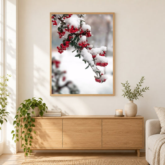 Russischer Winter & Schnee auf Blütenknospen als gerahmtes Diamond Painting im Wohnzimmer
