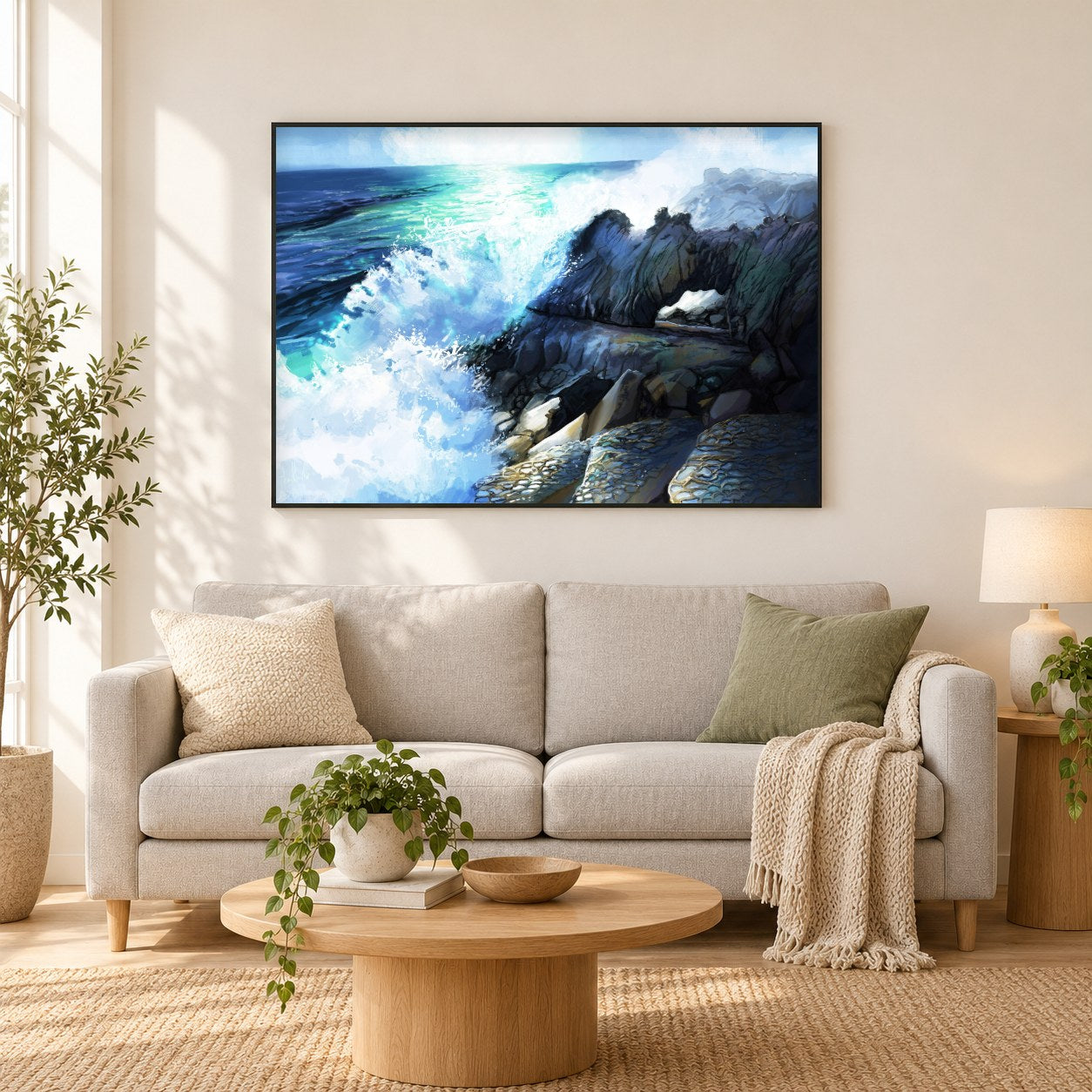 Salz Punkt - Kunst des Jean Guillet als gerahmtes Diamond Painting im Wohnzimmer