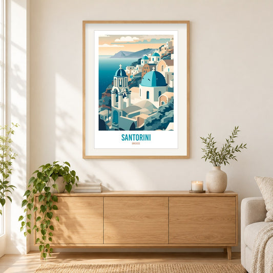 Santorini Griechenland Diamantkunst als gerahmtes Diamond Painting im Wohnzimmer