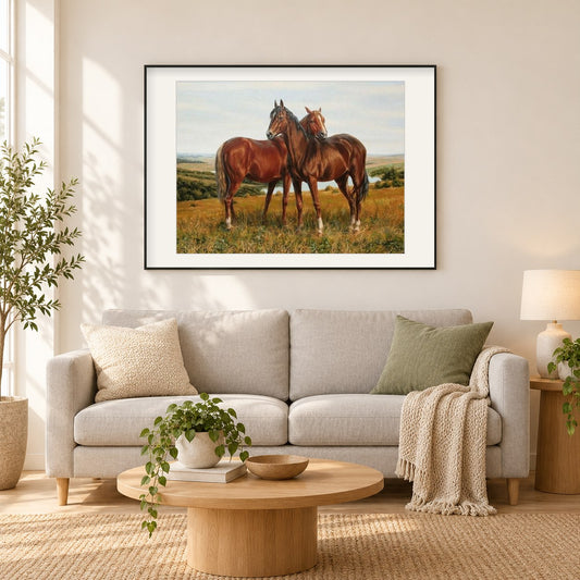 Sauerampferpferde als gerahmtes Diamond Painting im Wohnzimmer