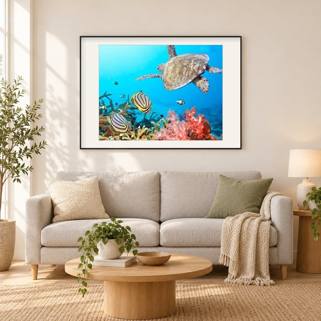 Schildkröte & Fisch im Meer als gerahmtes Diamond Painting im Wohnzimmer
