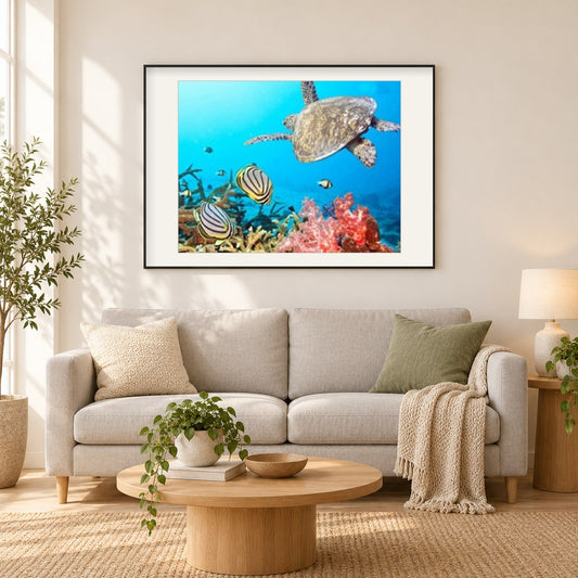 Schildkröte & Fisch im Meer als gerahmtes Diamond Painting im Wohnzimmer