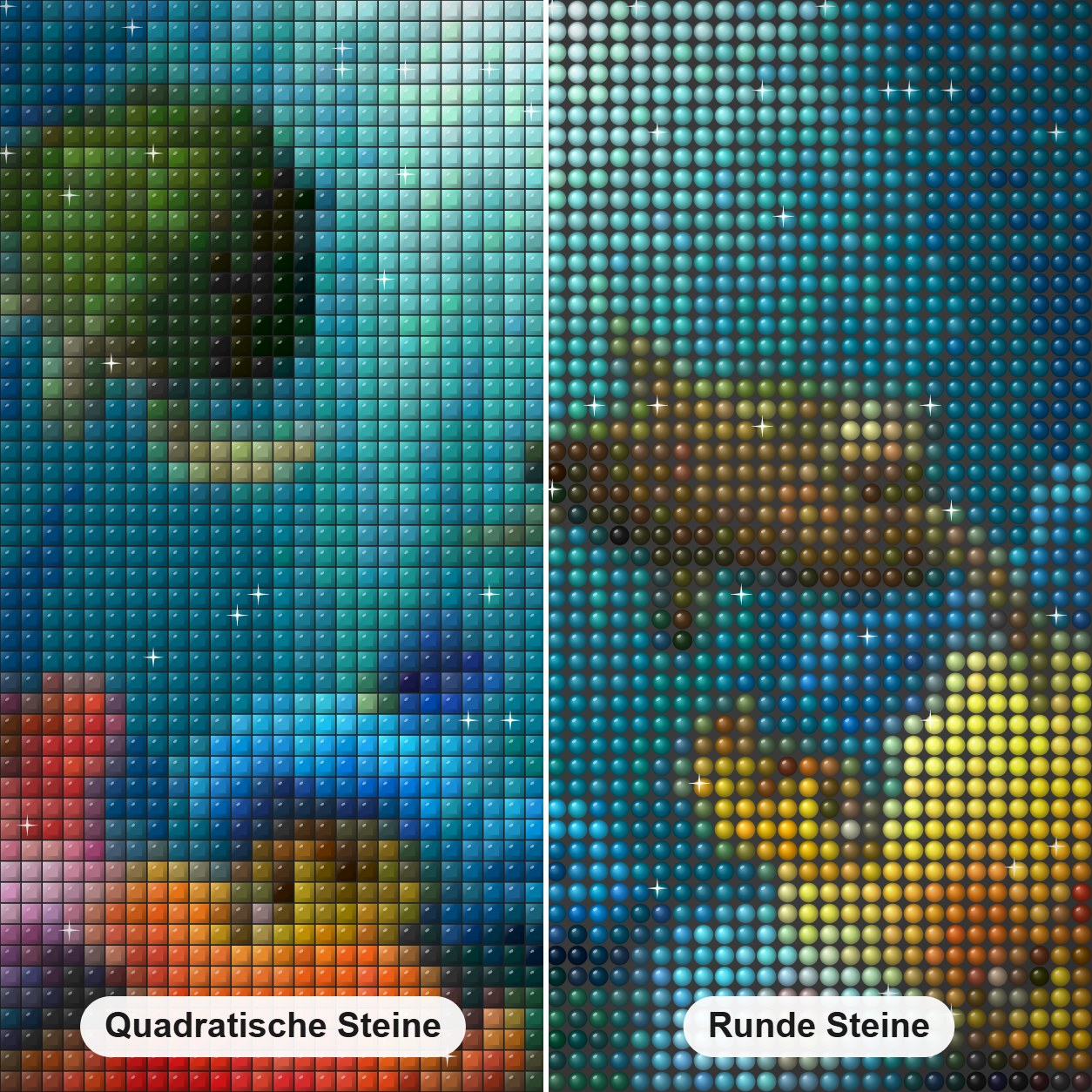 Schildkröten & Fische im Wasser Diamond Painting Nahaufnahme mit quadratischen und runden Steinen