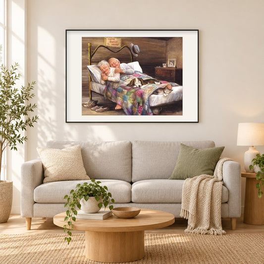 Schlafende alte Paar als gerahmtes Diamond Painting im Wohnzimmer