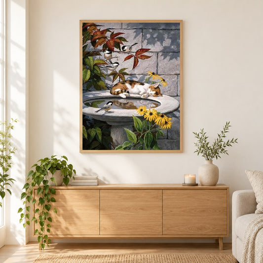 Schlafende Katze & Vögel als gerahmtes Diamond Painting im Wohnzimmer