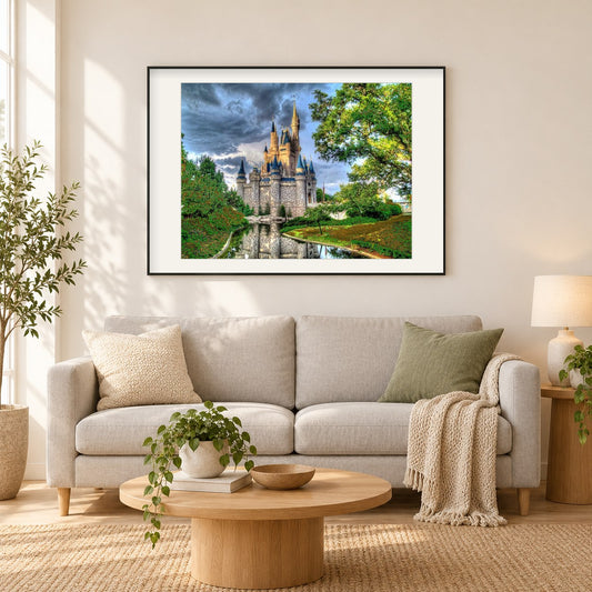 Schloss im Wald als gerahmtes Diamond Painting im Wohnzimmer