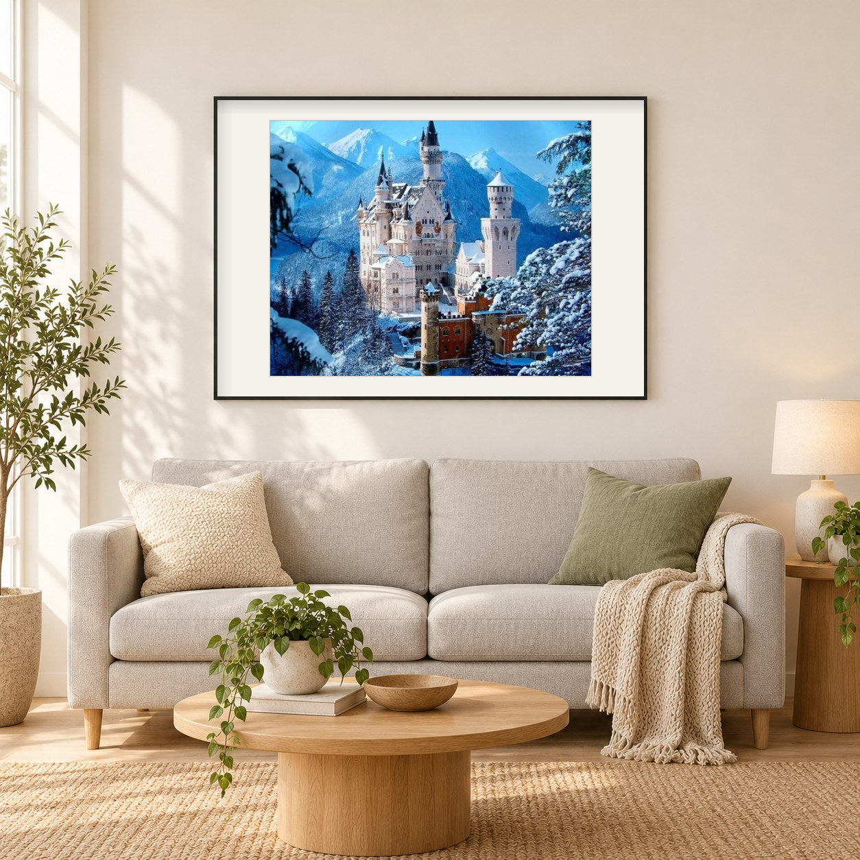 Schloss Neuschwanstein im Winter als gerahmtes Diamond Painting im Wohnzimmer