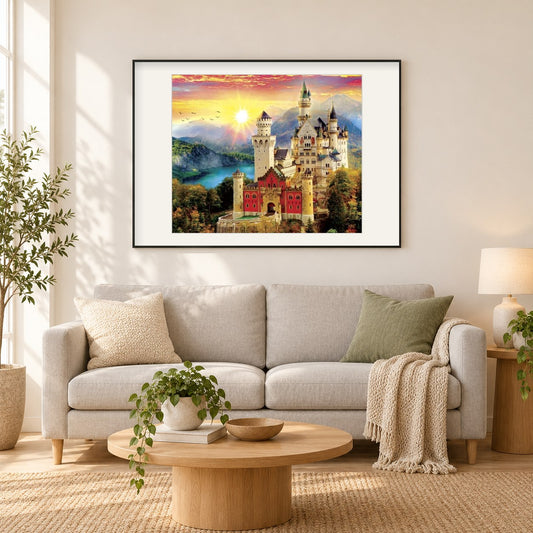 Schloss Neuschwanstein als gerahmtes Diamond Painting im Wohnzimmer