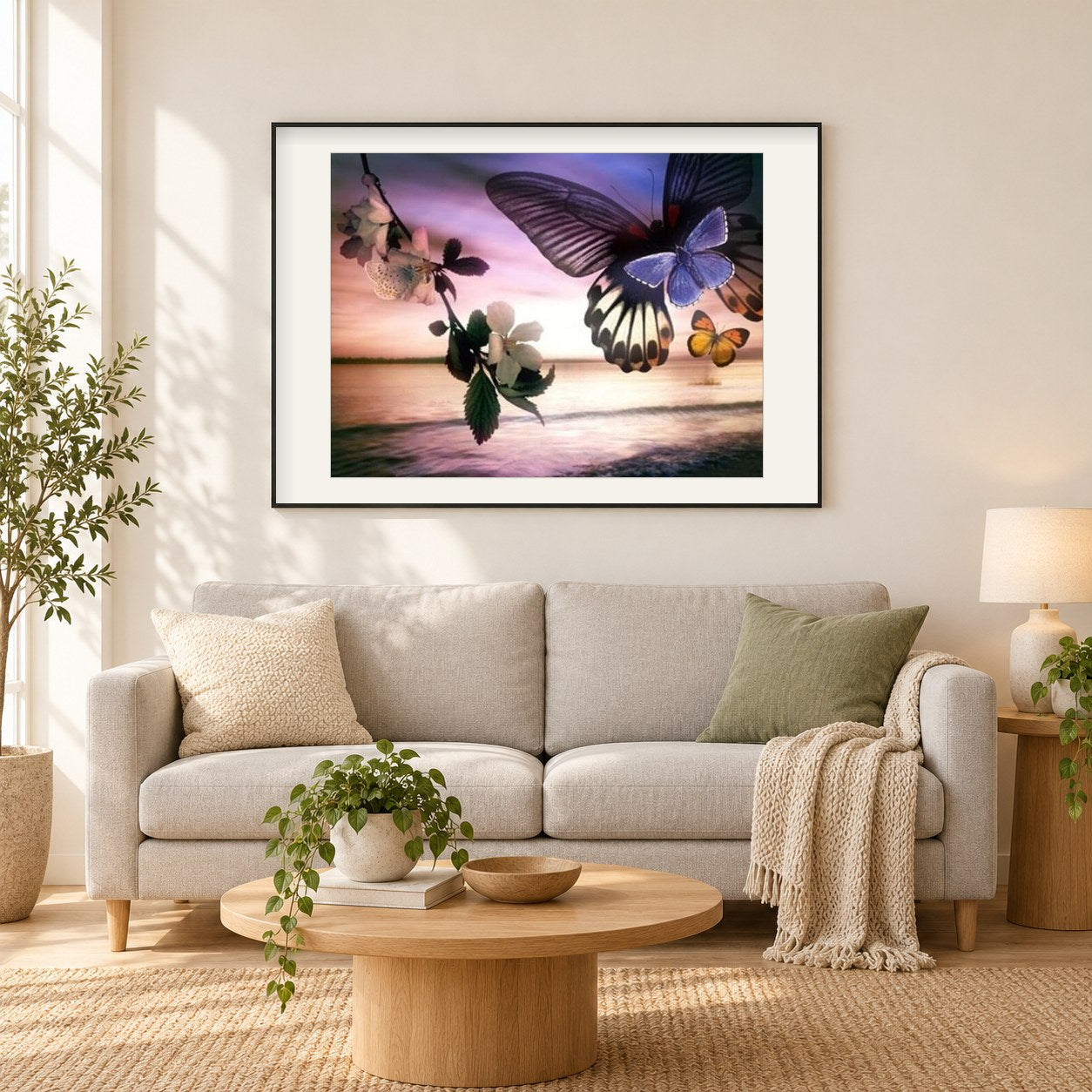 Schmetterlinge & Landschaftsschönheit als gerahmtes Diamond Painting im Wohnzimmer