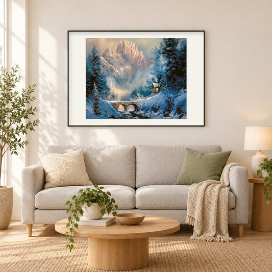 Schneelandschaft als gerahmtes Diamond Painting im Wohnzimmer